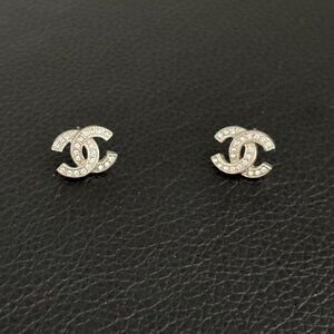 Authentic CHANEL Silver Crystal CC Stud Earrings (No Backings)